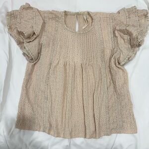 Anthropologie Cream Pintuck Lace Blouse with Flutter Sleeves
